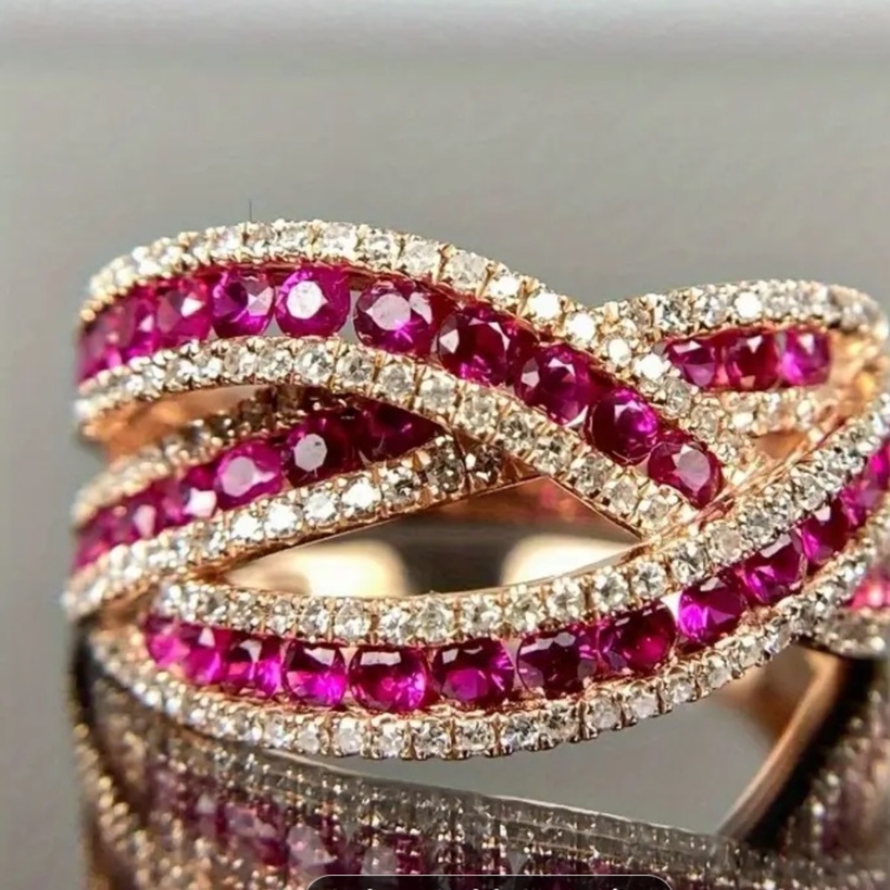 18k Gold Plated and Ruby Zirconia & Clear Pave Crystals Ring - Picture 1 of 4